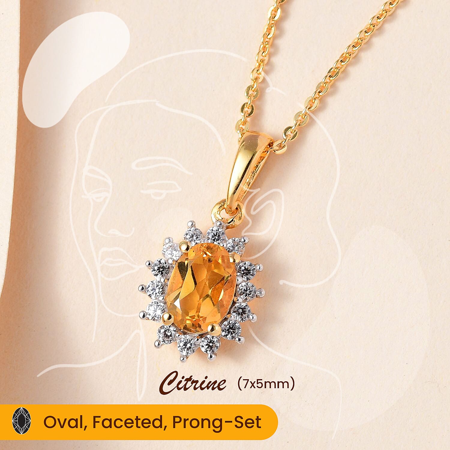 Citrine and Natural Zircon Halo Pendant with Chain (Size - 20) in 18K Vermeil Yellow Gold Plated Sterling Silver 1.17 Ct.